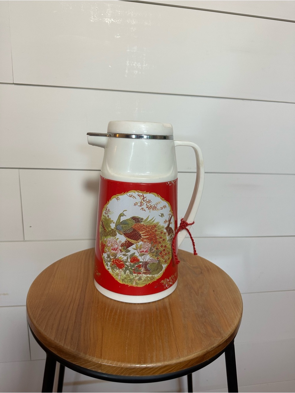 C7 Vintage White and Red Peacock Thermal Pitcher - Decorative Insulated Carafe